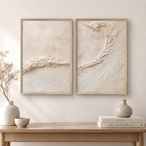 Image of Livin'luxe Set of 2 Beige Abstract Texture Wall Photo with Frame for Living Room Bedroom Hall Office Decor, Premium Wooden Synthetic Frame Luxury Artwork Gift