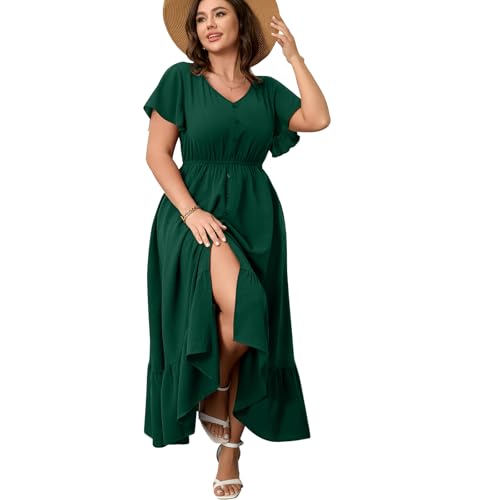 RWJ Women Plus Size Maxi Dress V Neck Short Sleeve Button Trim Split Flowy...