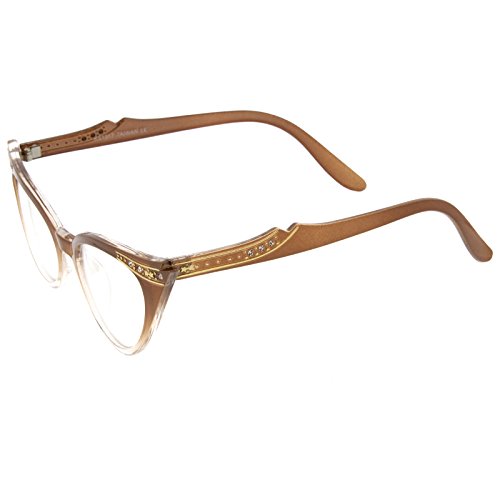 zeroUV Women's Retro Rhinestone Embellished Clear Lens Cat Eye Glasses 51mm (Bright Brown Fade, 51)