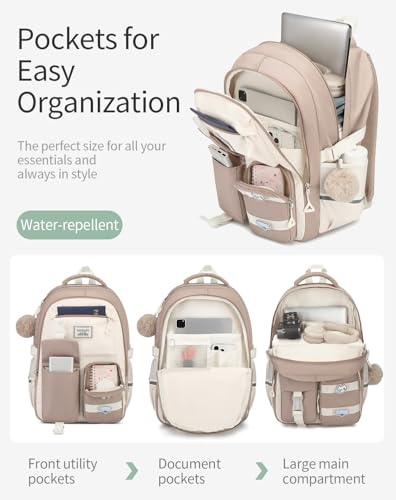 School Backpack for Girls, Cute Teens Backpack for Middle High School Student, Laptop Backpack College Women Bookbag for Teacher Travel, Khaki Beige3
