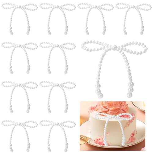 12Pcs Pearl Bow Cake Topper,Bow Cake Cake Decorations,Pearl Bows Cupcake Toppers for Bouquets Bow Themed Birthday Party Decorations Wedding Baby Shower Party Supplies