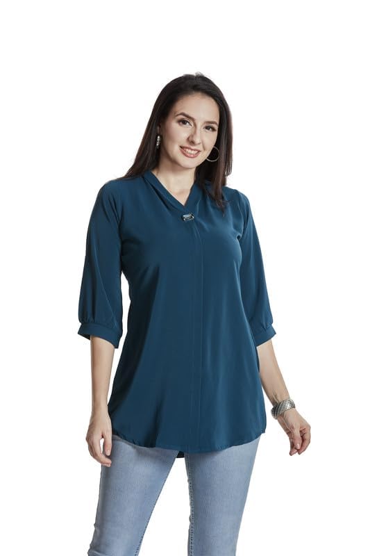 Image of nioni Women's Purple Poly Linen Blend Tunic Top with 3 /4 Sleeves, Printed Yoke, Kantha Stitch Detailing & Mandarin Collar