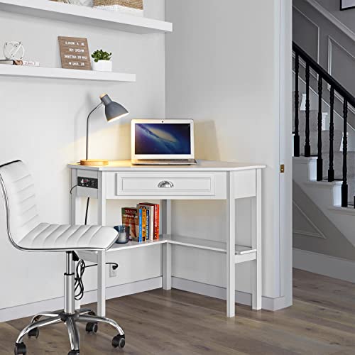 Yaheetech L Shaped Corner Computer Desk With Power Outlets, Reversible Triangle Workstation With Usb Ports And Hook For Small Space, Modern Home Office Desk Gaming Table With Drawer & Shelf, White #TOP1
