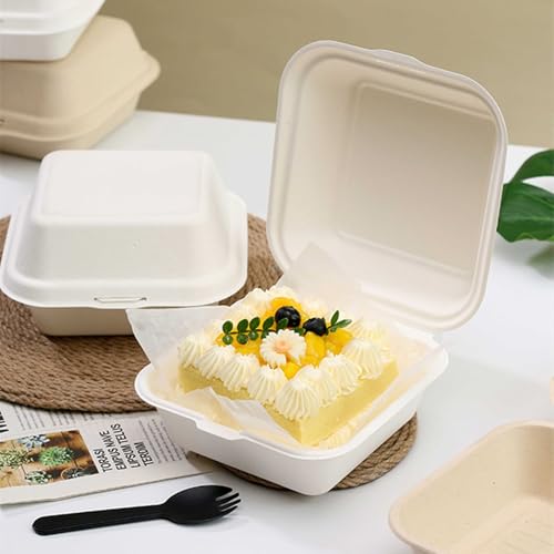 ToppYuanZea 150 Pack Clamshell Food Containers with Lid, 6 x 6 Inches Disposable Take Out To-Go Containers, White Bagasse Bento Box for Hamburger Sandwiches Chips, Microwave/Freezer Safe - Thumbnail 6