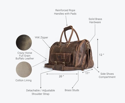 NERA Leather Duffel Bag for Men & Women Travel, Weekend, Overnight, Gym Bag (Side Shoes Compartment)4