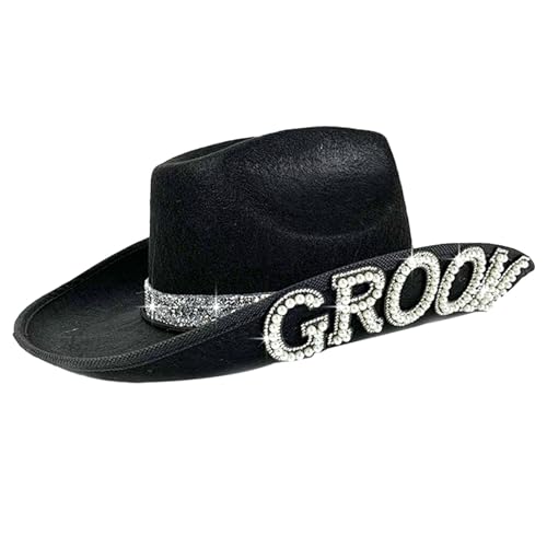Sombrero de vaquero de boda para parejas, diseño con lentejuelas 'Bride' y 'Groom' con velo blanco y borde engastado con pedrería, para ceremonia occidental, despedida de soltera y sesión de fotos de