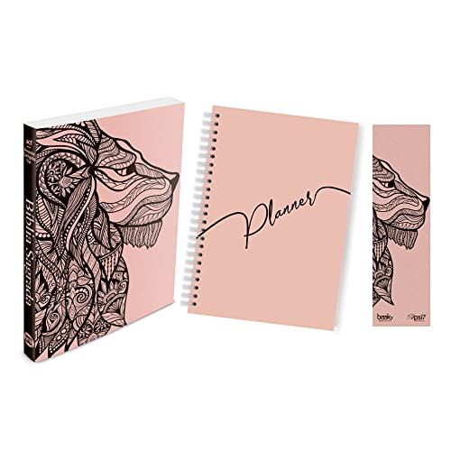 Kit leão rosa – planner capa lisa + bíblia brochura acf + marca página: