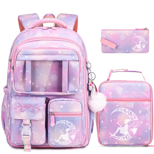 Girls Backpack Set, Kids School Backpacks for Girls with Lunch Bag & Pencil Case, Cute Bookbag School Bag for Kindergarten Preschool Elementary School, Purple
