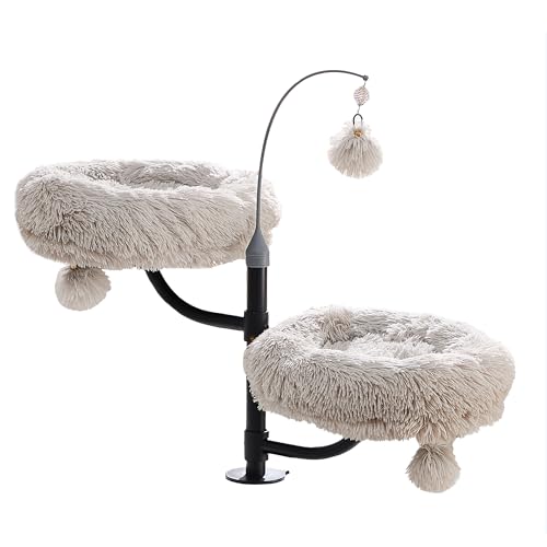 Catry Cat Desk Mount Double Perches for Indoor Cats Pet Beds for Desk Level Adjustable 3 Position Rotation Space Save Desk Beds for Multi-Cat Home Light Grey