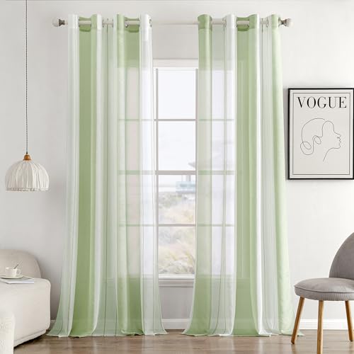 MIULEE Rideaux Voilage à Rayures Blancs et Vert Clair, Voilages Intérieurs avec Oeillets, Beaux...