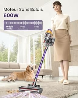 Aspirateur Balai Sans Fil avec 2 Batteries, 150Min/55KPA/600W/2.0L Aspirateur Sans Fil Puissant, Brosse Anti-Enchevêtrement/Support Mural Rechargeable/Écran LED, pour Poils d'Animaux/Tapis/Sols Durs