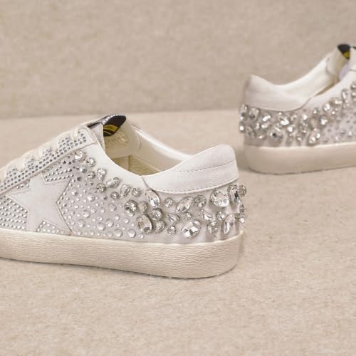 Image of Mi.iM Goldie Women's Vintage-Inspired Lace-Up Sneakers - Rhinestone Star Fashion Sneakers with Distressed Rubber Sole