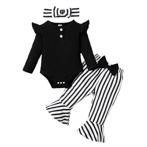 Image of Kislio Newborn Baby Girls Clothes Ribbed Ruffled Romper+Floral Pants+Headband Infant Outfit Set