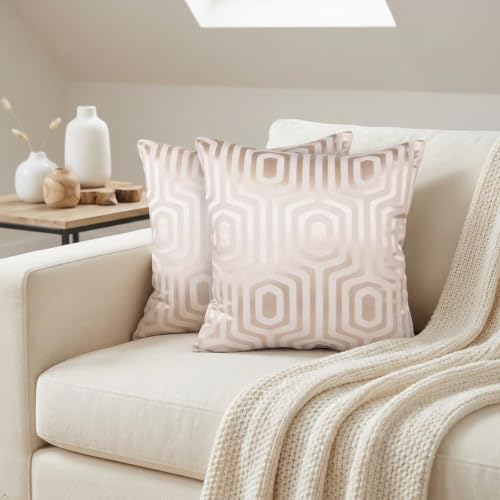Image of Home- The Best is for You Designer Self Design Cotton 275 TC Cushion Covers Pack of 2 (Cream Hexa 20X20 Inch) Ideal for Sofas, Chairs, Cars & Hotels