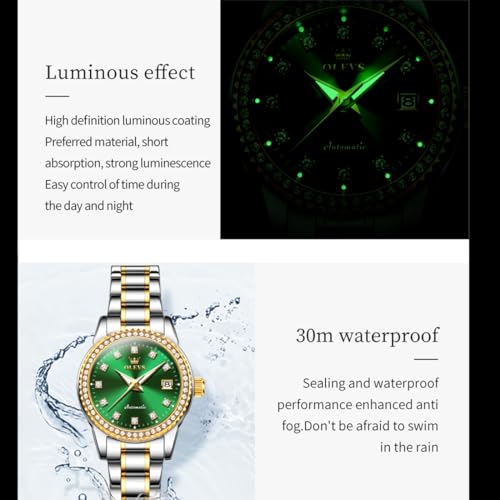 Image of OLEVS Womens Diamond Watches Automatic Mechanical Gold Luxury Dress Ladies Self Winding Original Stainless Steel Wrist Watch