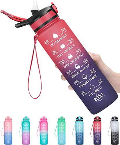 Image of MEITAGIE 32oz Leakproof Motivational Sports Water Bottle with Straw & Time Marker, Flip Top Durable BPA Free Tritan Non-Toxic Frosted Bottle Perfect for Office, School, Gym and Workout (Ombre: Dark