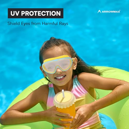 Image of ArrowMax Swimming Goggles for Kids 3-14 Years | Anti-Fog Swim Goggles with UV Protection & Ear Plugs | Leak-Proof Adjustable Goggles for Boys & Girls | Free Case Included (Blue /Yellow)