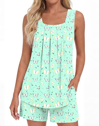 Image of LONGYUAN Womens Sleeveless Pajama Set Soft Summer Lounge Shorts Tank Top Sleepwear with Pockets 2 Piece Set M-3XL