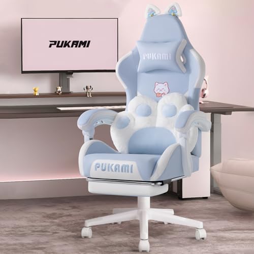 PUKAMI Gaming Chair Cute with Cat Ears,Ergonomic Computer Chair for Girl with Footrest and...