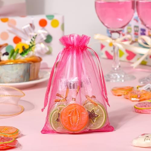 Image of Hopttreely 100pcs Organza Drawstring Gift Bags, 4 x 4.72 inch Mesh, Hot Pink Satin Pouch Wedding Party Favor Bags
