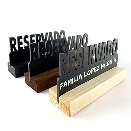 Cartel reservado 5 UDS. Mini pizarra negra doble cara con soporte madera. letrero para mesas de hostelería, restaurantes, bares. (Nogal)