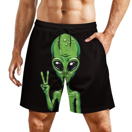 Mens Swim Trunks with Compression Liner, Space Alien Printed Beach Board Shorts