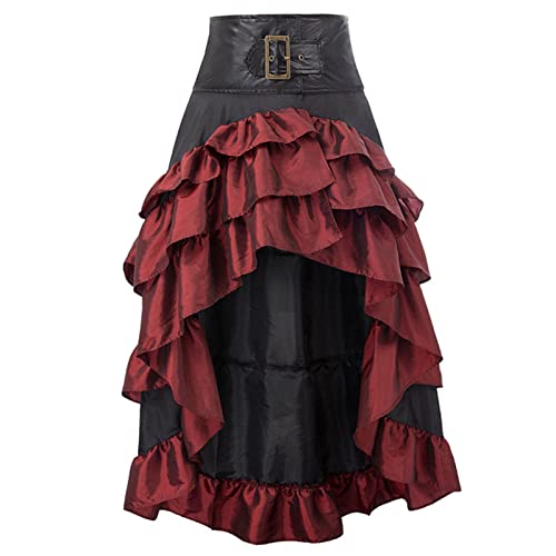 Renaissance Skirt Women High Waist Ruffle Flowy Fairy Maxi Skirts Asymmetrical Double-Layer Flowy Victorian Skirt