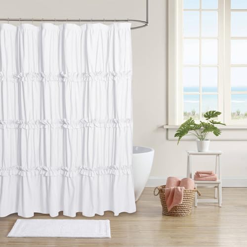 BRHF Farmhouse Ruffle Shower Curtain with Handmade Ruched Vintage Ruffled Fabric Bathroom Curtains Decorative Elegant Bathroom Curtain with 12 Holes White 72 W x 72 H(N60049)