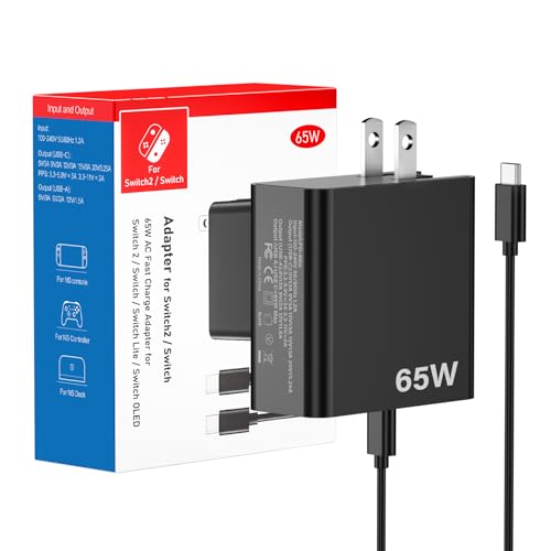 Hollabudz Switch 2 Charger - 65W Charger for Nintendo Switch, Power Adapter Support 4K TV Dock Mode, PD 3.0 Fast Charging Foldable AC Adapter for Steam Deck, ROG Ally, PS5 Potal, USB C Cord - Black