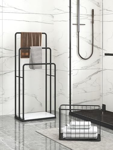 Toallero de pie para baño pequeño con cesta de colada de hierro 4