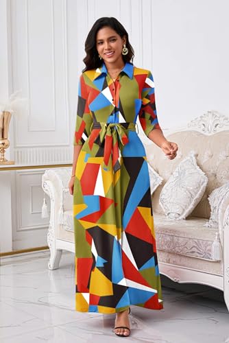Image of Runwind Women Church Maxi Dresses 3 /4 Sleeve Button Down Print Casual Office Dress African