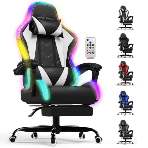 Devoko LED Gaming Stuhl – Ergonomischer Bürostuhl mit Massagefunktion & Teleskop-Fußstütze, Verstellbare Rückenlehne (90-135°), für Gamer bis 150 kg, Augenschonendes Design，Weiß
