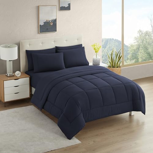 California King Comforter Set - Soft & Breathable 7-Piece Bedding Collection - 1 Comforter, 1 Fitted Sheet, 1 Flat, 4 Pillowcases - Deep Pocket - Premium Quality - Ideal for All Seasons, Navy