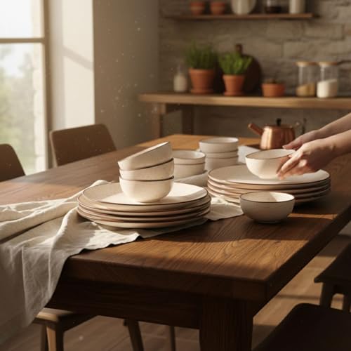 Image of Freakway Ceramic Dinner Set, 18 Pieces, Handcrafted Speckled Matte Finish, Microwave and Dishwasher Safe