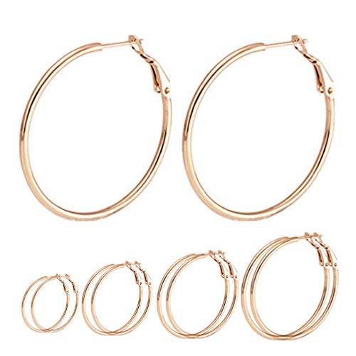 Calors Vitton 4 Pairs Surgical Stainless Steel Round Hoop Earrings Set for Women 30-60MM Gold