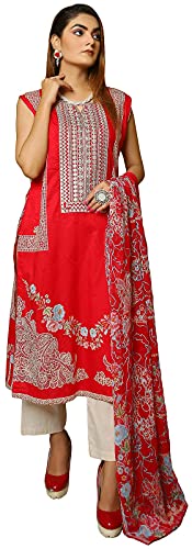 IshDeena Ready to Wear Cotton Lawn with embroidery Pakistani Dress for Women with Chiffon Dupatta - Three Piece Set (2XL, Red)