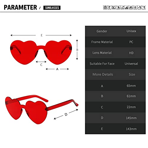 Zhangby 15 Pairs Heart Sunglasses Heart Shape Sunglasses Heart Shaped Frameless Sunglasses Trendy Transparent Candy Color Party Sunglasses(Red) Glasses Frame Width: 5.7 Inch #TOP1