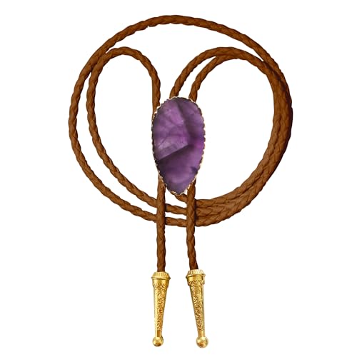 Image of Daisy Del Sol Gemstone Bolo Tie Braided Vegan Faux Leather Natural Stone Gold Handmade Necklace Adjustable Boho Western Jewelry