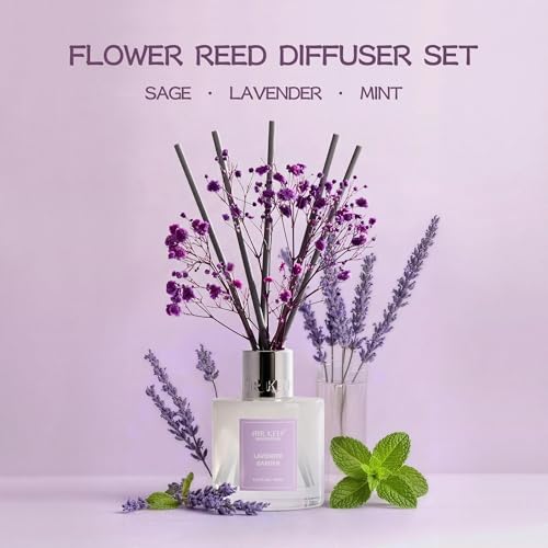 Image of Airkeep Reed Diffuser Set,3.38 fl oz (100 ml) - Lavender Garden Oil Diffusers with 8 Reed Sticks, Home Fragrance Reed Diffuser for Bathroom Shelf Decor