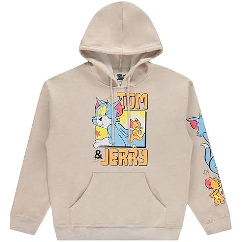 Tom and Jerry Mens Classic Hoodie Cat and Mouse Cotton Hoodie Sweatshirt (Oatmeal, Medium) Cover