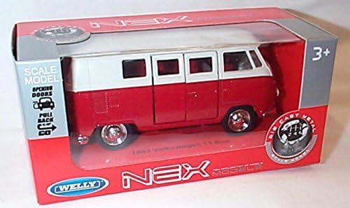 welly red/white volkswagen T1 1963 bus pull back and go action model
