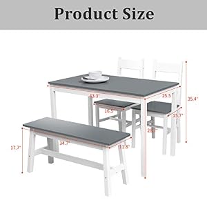 mecor 4-Piece Kitchen Dining Table Set, Modern Solid Wood Table w/ 2 Chairs and Bench for Home Kitchen Dining Room Furniture, Grey - immagine 4