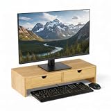 Osco Bamboo Monitor Stand Riser with 2 Drawers – Fully Assembled Sustainable MOSO Bamboo Desk Raiser for Computer or Laptop – Natural Wood Finish, 11×47×18 cm