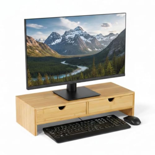 Osco Bamboo Monitor Stand Riser with 2 Drawers Fully Assembled Sustainable MOSO Bamboo Desk Raiser for Computer or Laptop Natural Wood Finish 11×47×18 cm