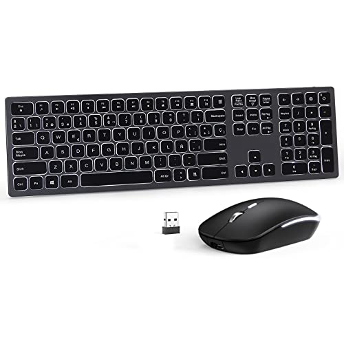 Seenda Teclado y Ratón Inalámbricos Retroiluminado, Combo Teclado y Ratón Inalámbrico, Recargable, 2.4G, USB Nano 2 en 1, Tamao Completo,Silencioso,Layout Espaol QWERTY para PC, Portatil, Windows