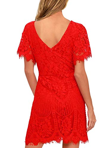 MSLG Women's Elegant Round Neck V-Back Wedding Guest Floral Lace Cocktail Party A Line Dress 910 (Red, S) - Thumbnail 2