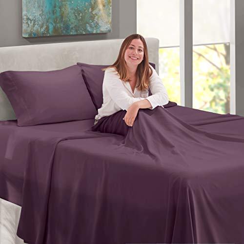 Image of Nestl King Size Sheet Set, Microfiber, Extra Deep Pocket, 4 Piece, Purple | Instantly Soft, Night-One Ready (No Wash Required). Fits Extra Deep Pockets up to 24 Inches, 360-Degree Elastic Grip