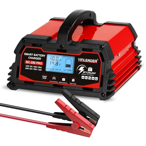 Battery Charger 25A, 12V/24V Lead Acid Smart Battery Charger, 12V LiFePO4 Car Battery Trickle Charger, Automatic Battery Maintainer for Car Motorcycle Lawn Mower Marine Boat Lead Acid Batteries