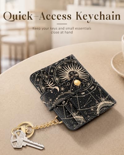 Image of Bistup Small Card Wallet for Women with Keychain, Celestial | durable material, clear ID window,, compact design for daily carry, sturdy keychain, aesthetic
