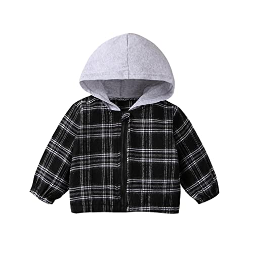 Character Winter Coats for Boys Flannel Shirt Jacket Plaid Patchwork Long Sleeve Fall Shirt Hooded (Black, 3-6 Months)